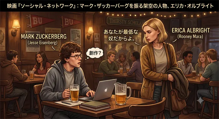 イラスト：「エリカ・オルブライト」という人物は実在しない。映画「ソーシャル・ネットワーク」用に作られた架空の人物であり、ボストン大学の学生だったという設定や、冒頭のレストランでザッカーバーグを振る場面も創作である。